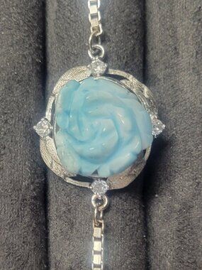 Solid Sterling Silver 16mm Natural Flower Carved Larimar Bracelet